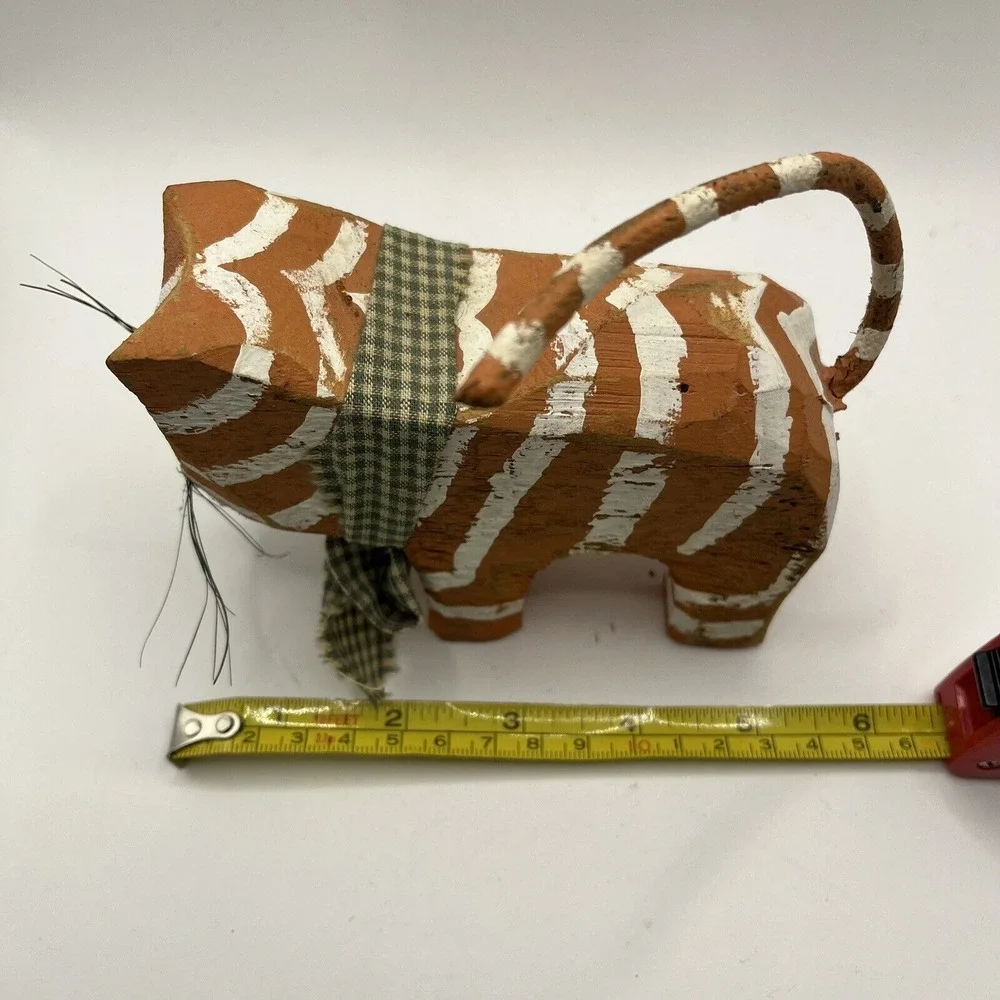 Hand Carved Painted Cat Orange Striped Primitive Folk Art Signed 1998 Whiskers‎